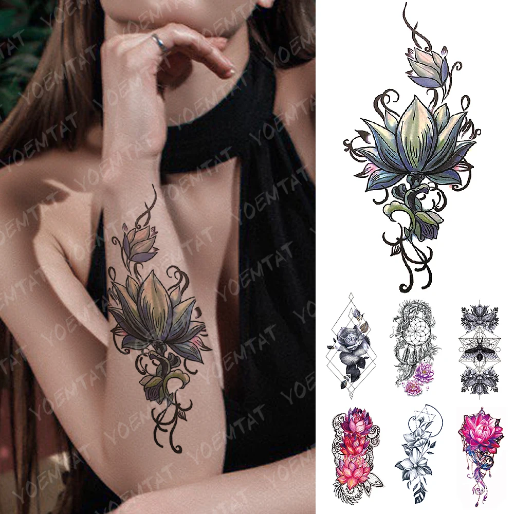 

Waterproof Temporary Tattoo Sticker Purple Pink Lotus Flash Tattoos Flowers Rose Lace Totem Body Art Arm Fake Tatoo Women Men