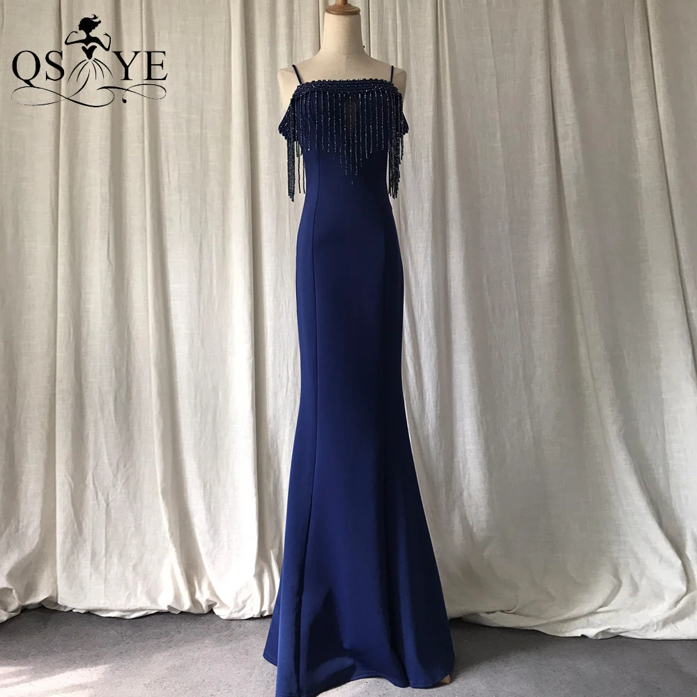 

Navy Evening Dresses Elastic Long Prom Gown Beadings Straps Party Dress Mermaid Shoulder Straps Formal Gown Woman Fashion