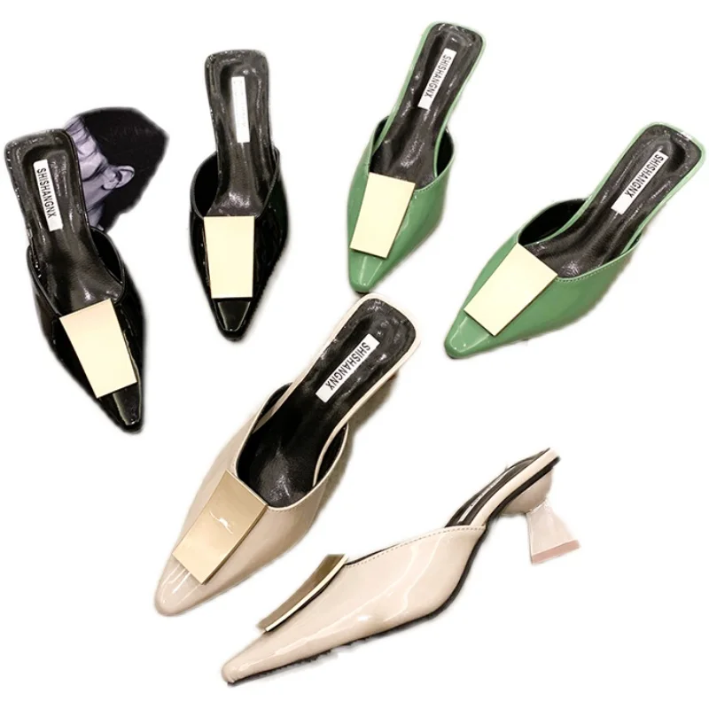 

Butterfly-Knot Slippers Casual Shoes Pointed Toe Slides Med Slipers Women Heeled Mules Luxury 2021 Soft High Cover Thin Fashion