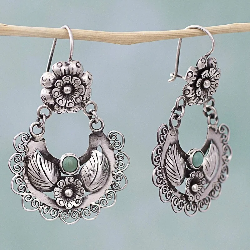 

New Flower Heart Flower Inlaid Turquoise Earrings Vintage Thai Silver Black Earrings