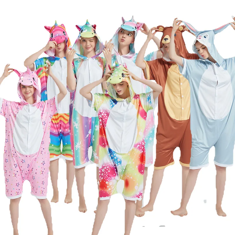 

New Style Summer Carton Animals Short Sleeves Children & Adult Sleepwear Bodysuit Dinosaur Unicorn Pajamas