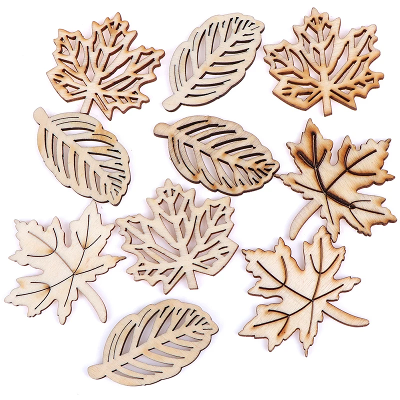 

10pcs Mix Leaf Owl Natural Wood Chips Embellishments Scrapbooking Crafts Supplies Handmade Leaves Art Graffiti Button