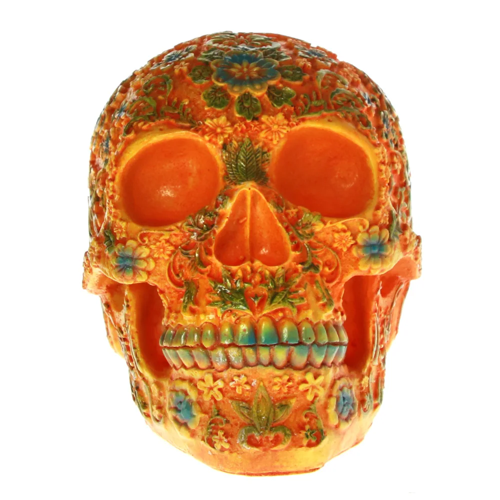 

[MGT] Mexican Day of the Dead Floral Carved Skull Head Resin Figurine Orange Sugar Flower Skull Halloween Sculpture