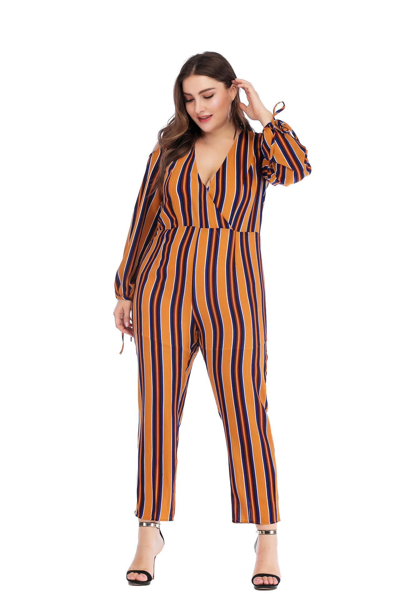 

Plus Size Women Sexy V-neck Jumpsuits Striped Printing 2021 Spring New Lace-up Lantern Sleeve Straight Ankle-Length Rompers