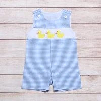 summer clothes boy blue plaid sleeveless three little yellow ducks embroidered pattern toddler romper