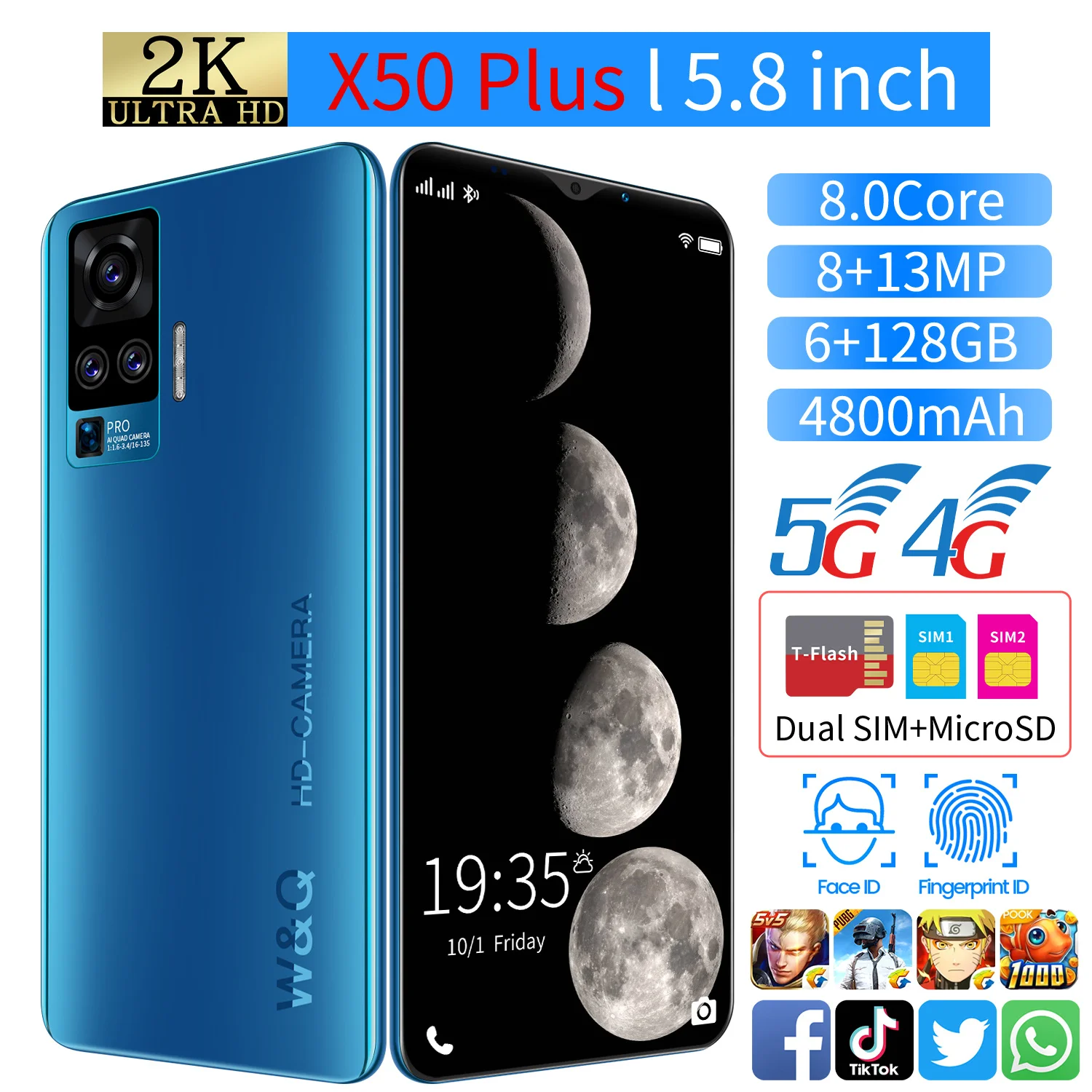 

Global Version X50 Plus Smartphones 5.8inch U-Screen 4800mAh 6GB+128G Support Face Unlock Dual SIM Network Android Cellphones