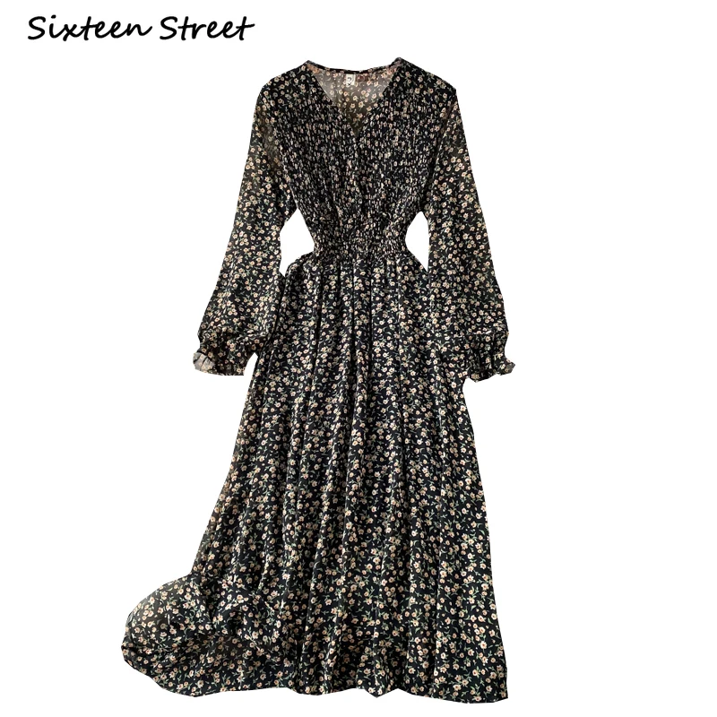 

Maxi Dresses for Women Spring Chiffon V Neck Folds Puff Sleeve Y2k Clothing Women Vintage Vestido De Mujer Long Sleeve Dress