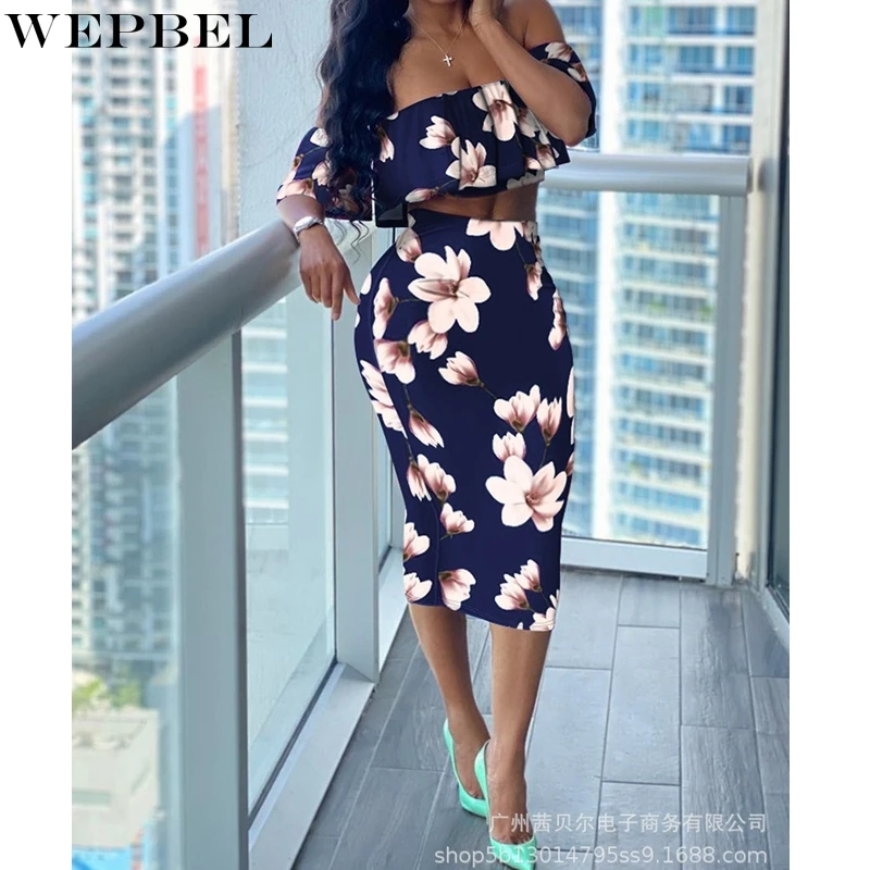 

WEPBEL Women's Sexy Floral Print Slim Suit Summer Fashion High Waist Skirt + Short Sleeve Slash Neck Top Suit