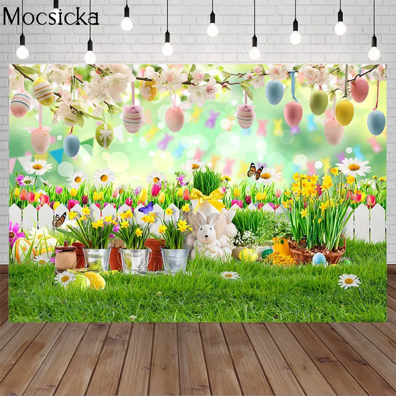 

Easter Bunny Spring Flowers Grassland Photography Backdrop Child Birthday Portrait Party Decoration Easter Egg Photo Background