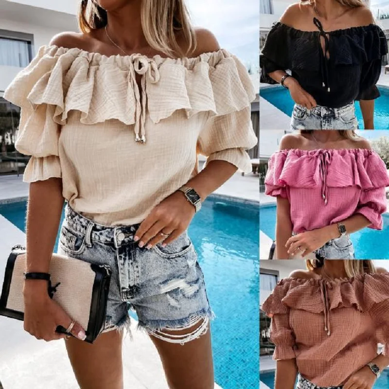 

Women Blouses Summer Slash Neck Vintage Solid Elegant Top 2021 Office Lady Short Sleeve Ruffle Drawstring Pullover Shirt Blusas