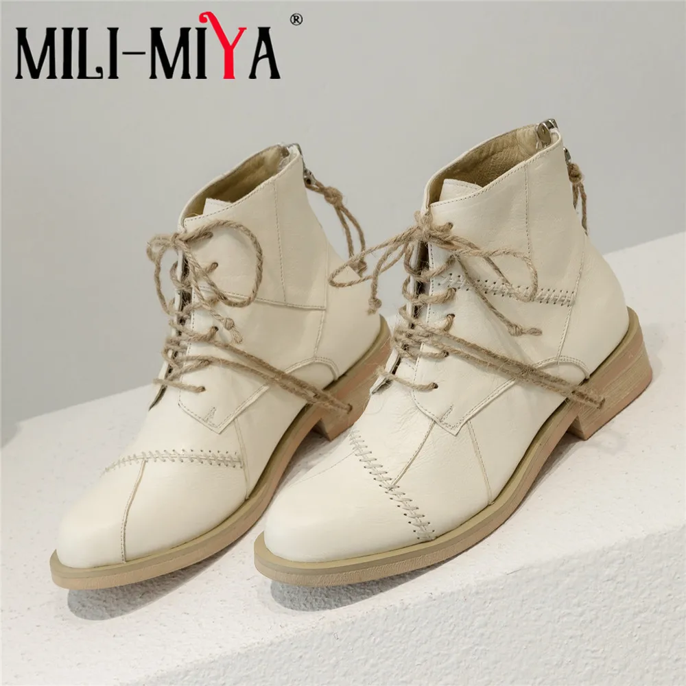 

MILI-MIYA Fashion Splicing Women Full Genuine Leather Ankle Boots Solid Color Thick Heels Round Toe Zippers Zippers Handmade