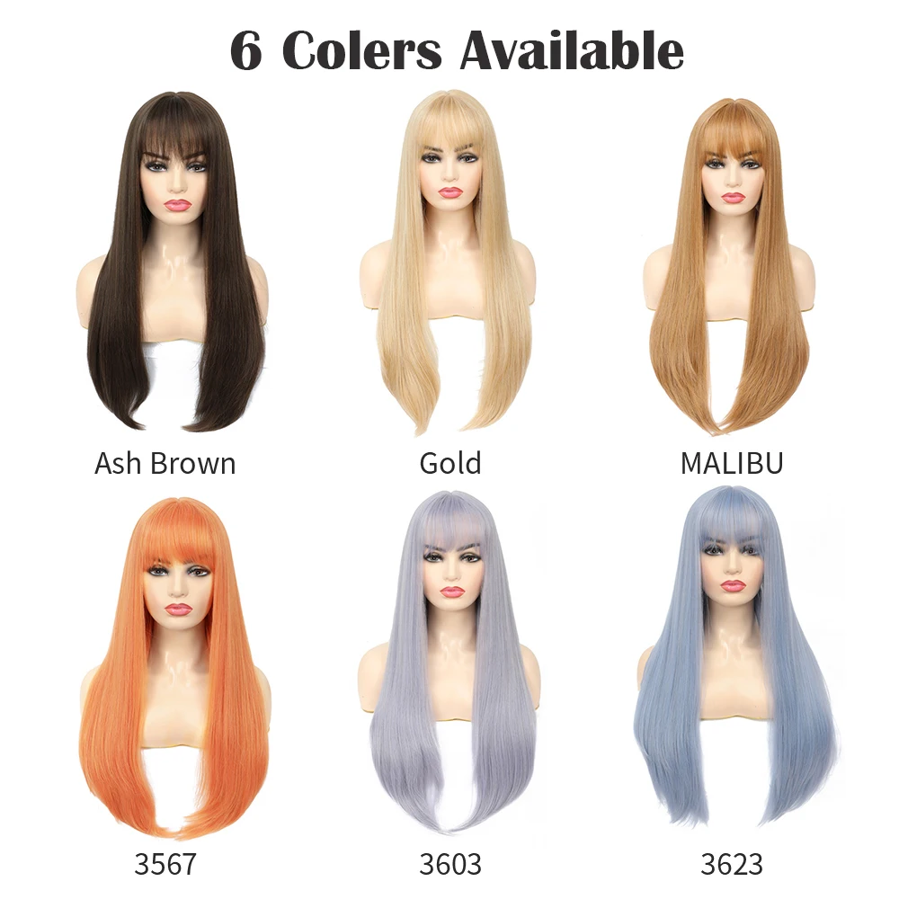 

Synthetic Honey Blonde Wig With Bangs 28inch Long Straight Colored Wigs For Women Heat Resistant Fiber Party Cosplay Wig IPARTY
