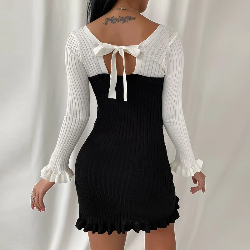 

Women Elegant Patchwork Ruffle Slim Dress 2021 Spring Sexy Backless Lace-Up Mini Dresses Office Ladies Fashion Casual Vestidos