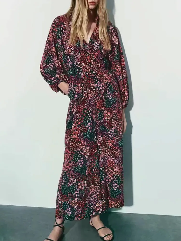 

Женский свободный комбинезон с цветочным принтом, повседневный винтажный комбинезон с V-образным вырезом, длинными рукавами-фонариками и о...