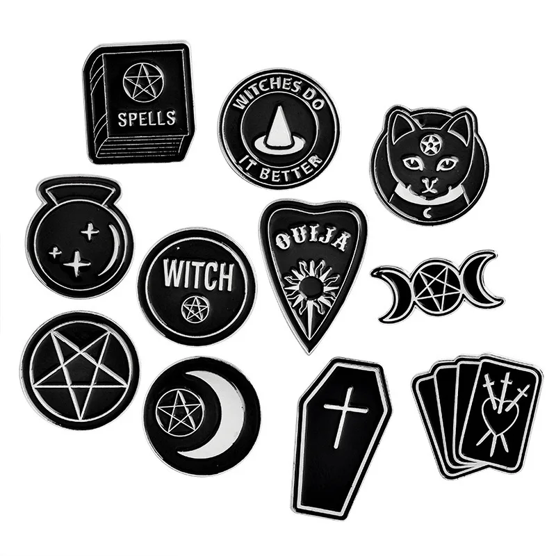 

Punk Dark Black Ouija Moon Dagger Heart Crystal Ball Spells Witches Coffin Enamel Lapel Pin Badge Halloween Party Accessories