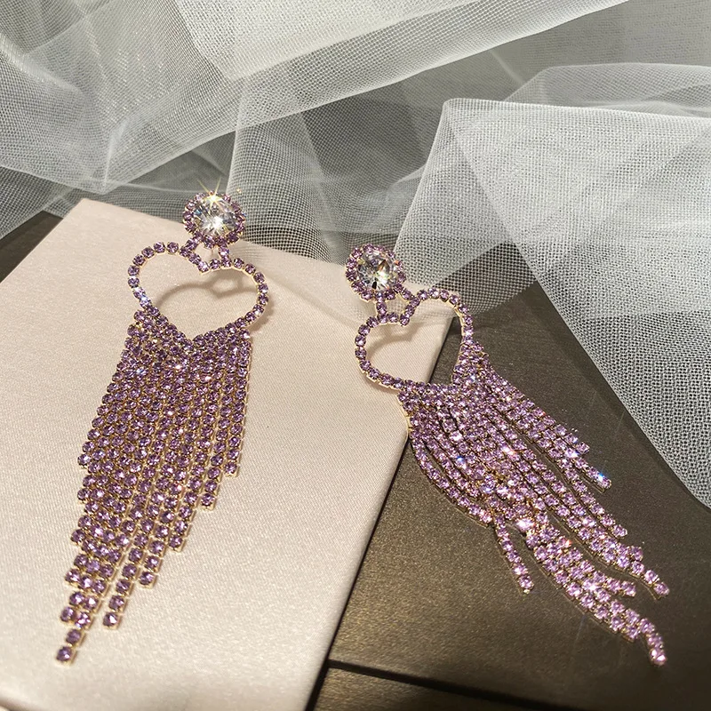 

Fashion Long Heart Tassel Earrings For Women Silver Needle Full Diamond Earrings Wedding Bridal Pendant Earring Luxury Jewelry