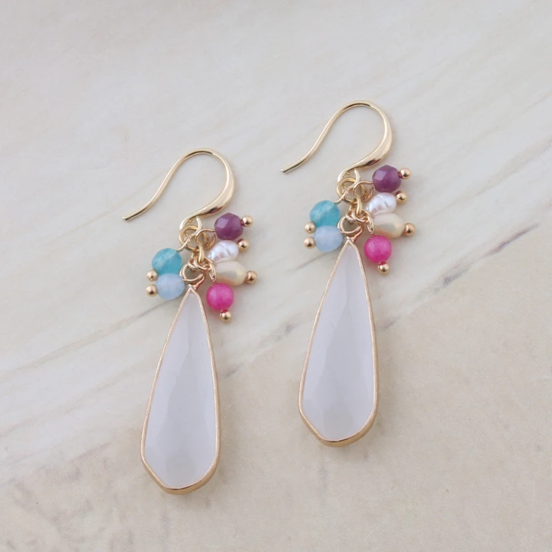 NeeFu WoFu сережки с натуральным камнем в форме капли для женщин розовый кристалл