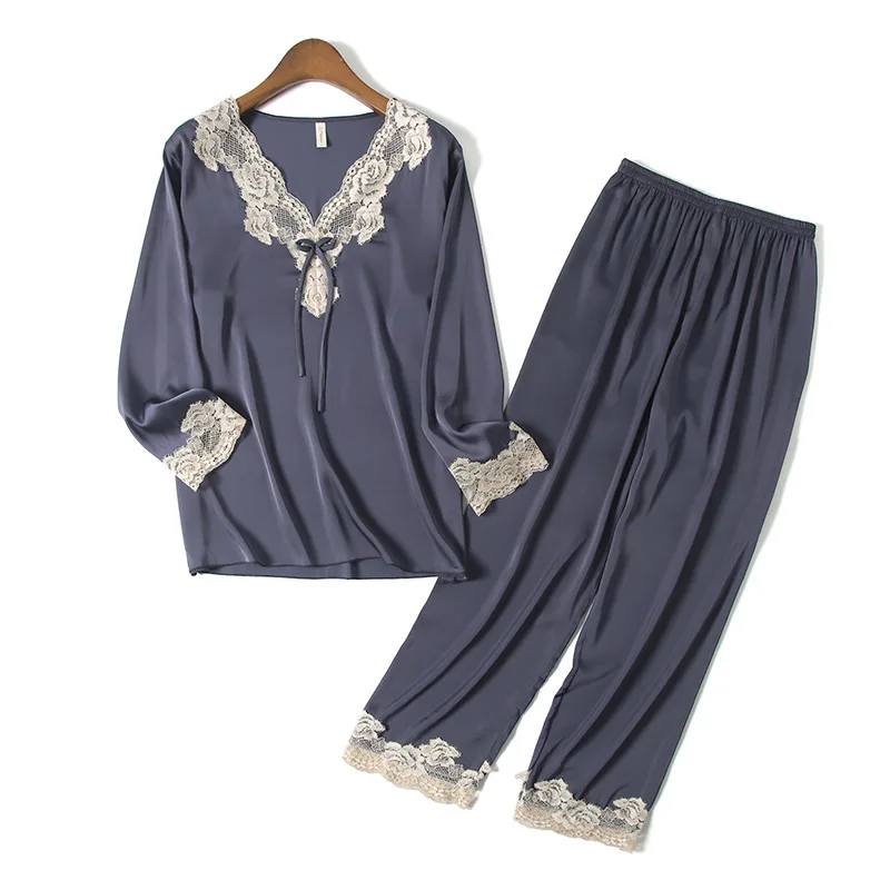 

Women Plus Size Silk Satin Lounge Wear 2PCS Pajamas Suit Long Sleeve Pyjama Pour Femme Sleep Set Lace Nightwear Casual Homewear