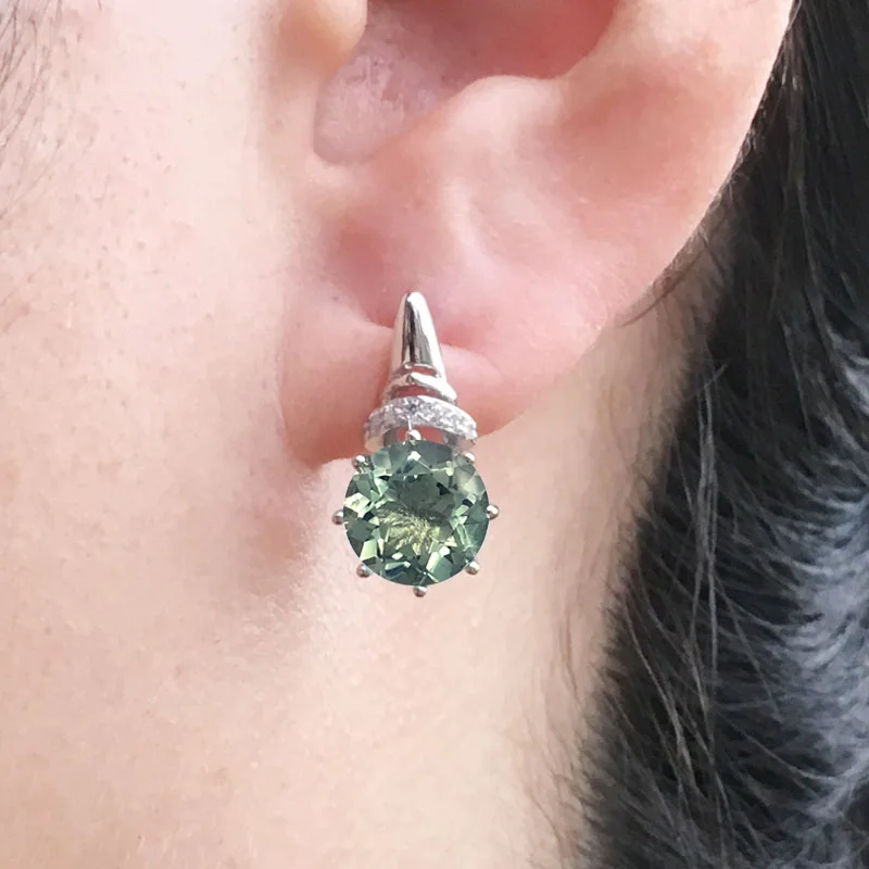 Серьги CSJ из серебра 925 пробы с натуральным зеленым аметистом 8 мм 5 карат |