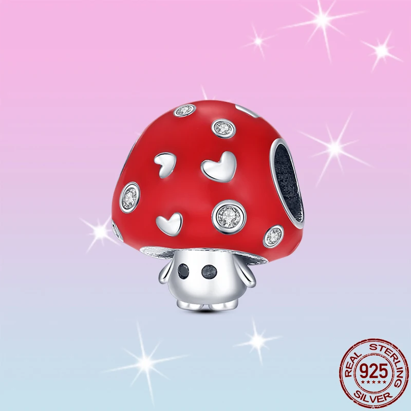 

HOT SALE 925 Sterling Silver Rose Red Cute Little Mushroom Charm Beads Fit Original Pandora Bracelet Pendant Necklace Jewelry