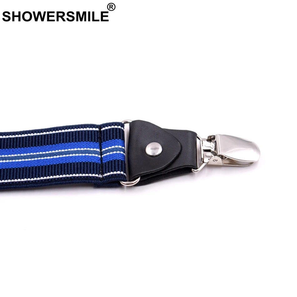 Мужские подтяжки SHOWERSMILE синие с полосками на спине 4 зажима эластичные