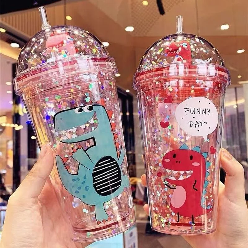 

Dinosaur Double-layer Water Bottle Plastic Straw Cup Creative Landscape Sequined Korean Version Cute Large Ice Tumbler Drinkware