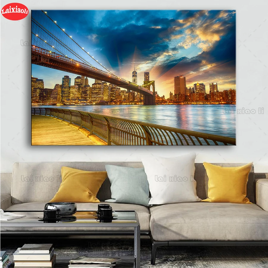 

Алмазная 5D живопись «сделай сам», большая Бруклинская моста, сумерки, пейзаж, вышивка крестиком, полноразмерная Мозаика из круглых страз