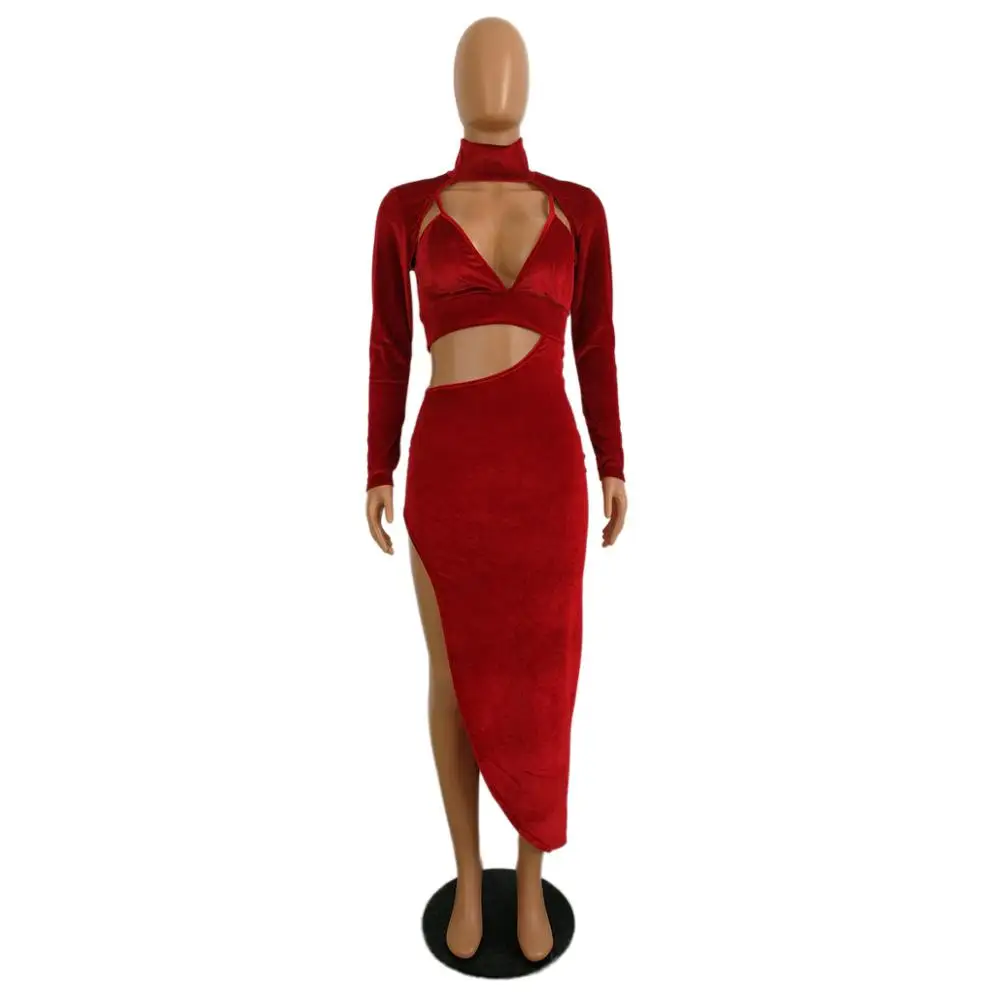 

2020 hot style spring, autumn and winter sexy American women's dress solid color V slit dress