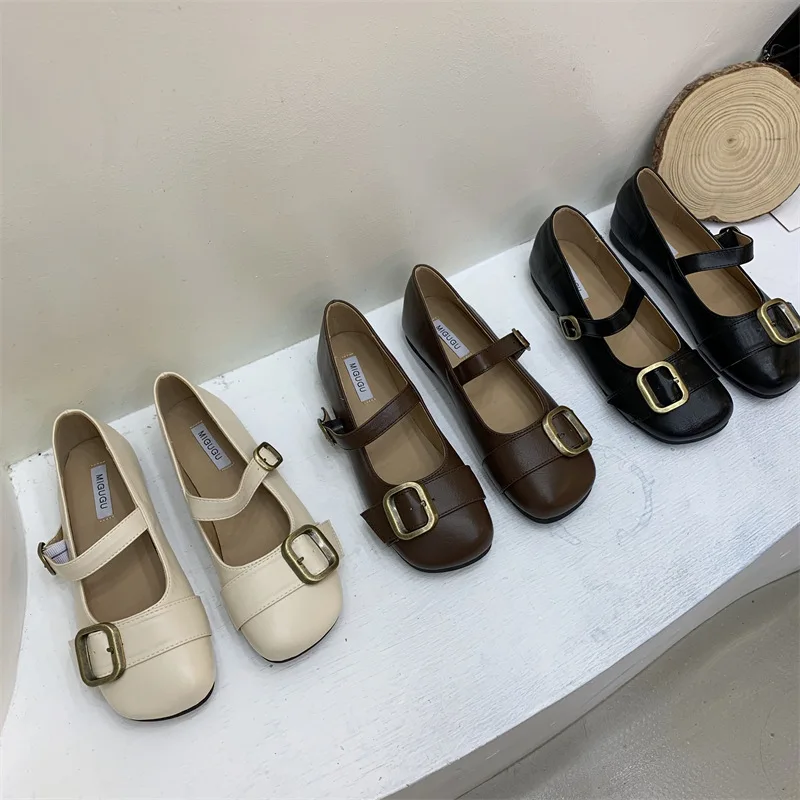 

Women Mules Shoes Leather Flat Heels Pumps Buckle Low Heel Shoes Ladies Casual Footwear