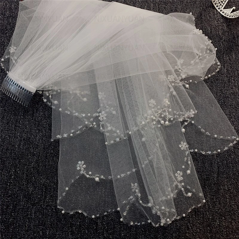 

New Style Fresh Looking 2T 2 Tier Silver Pearl Crystal Beaded Edge Bridal Veil Hair Accessories