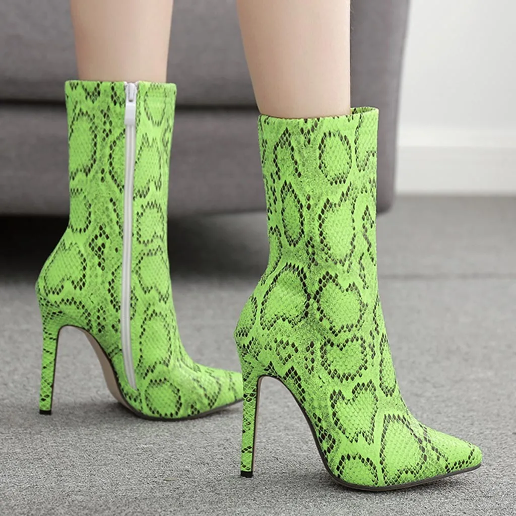 Ботинки Челси женские модные из змеиной кожи с острым носком на молнии сбоку