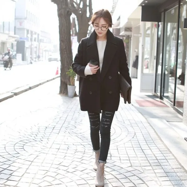 

Модное черное двубортное пальто, женское свободное корейское зимнее пальто Woaman с английским воротником, офисные женские пальто