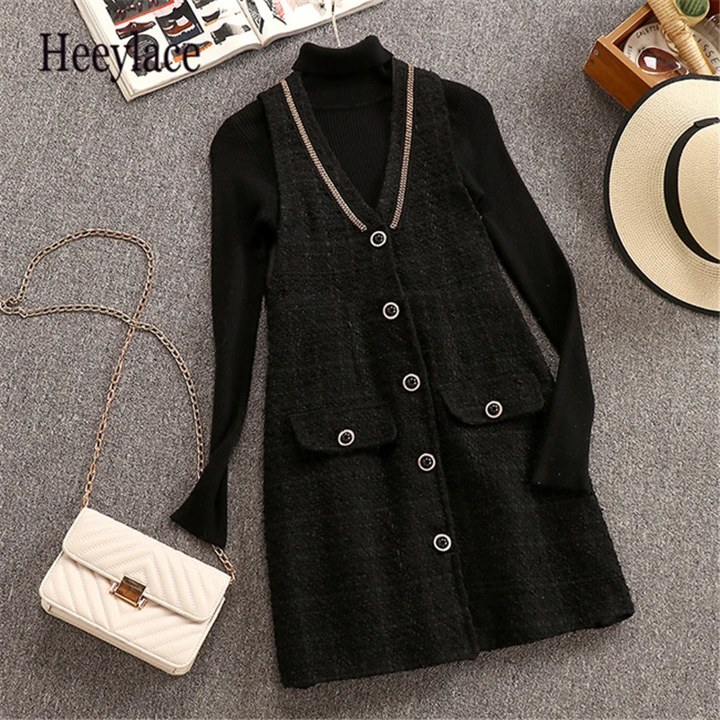 

Women Winter Slim Knitted Long Sleeve Sweaters Tops+Plaid Tweed Single Breasted Sleeveless Casual V-Neck High Waist Dresses Sets