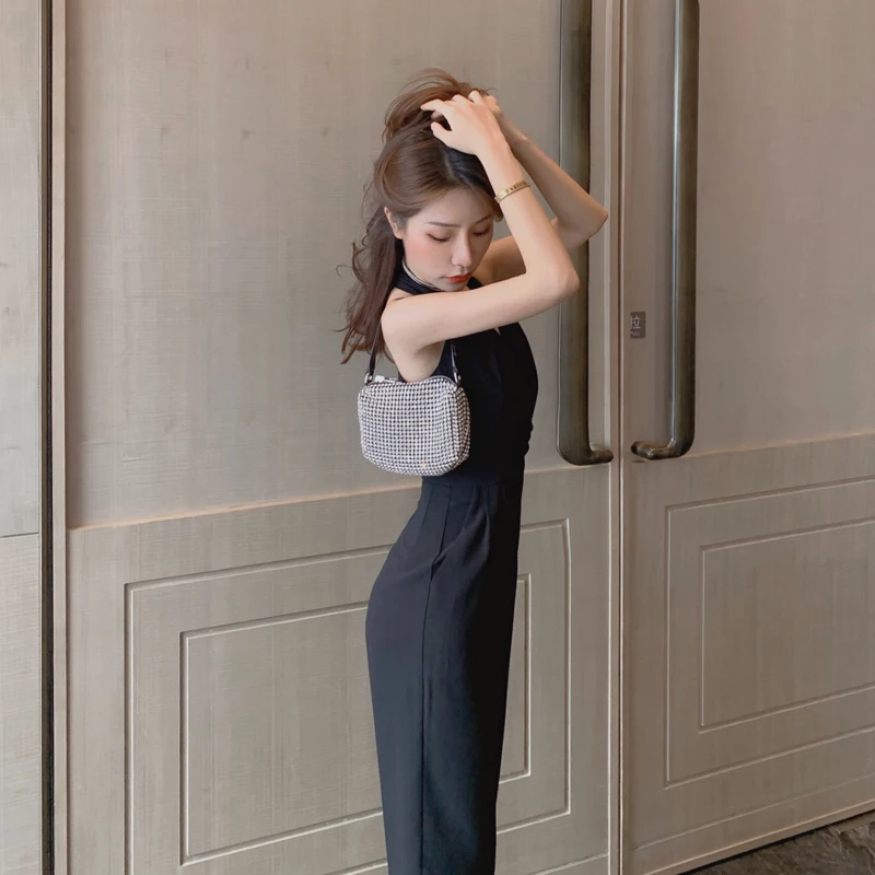 

Women Summer Sleeveless Halter Jumpsuits Female Temperament High Waist Overalls Slim Vintage V-Neck Playsuit with Pockets