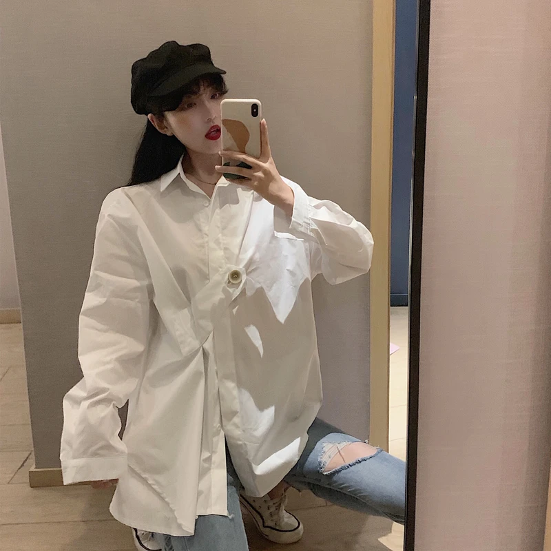 

GOOHOJIO 2020 Irregular Autumn Vintage Oversized Women Shirt Casual Fashionable Shirt Women Turn Down Collar Ladies Streetwear