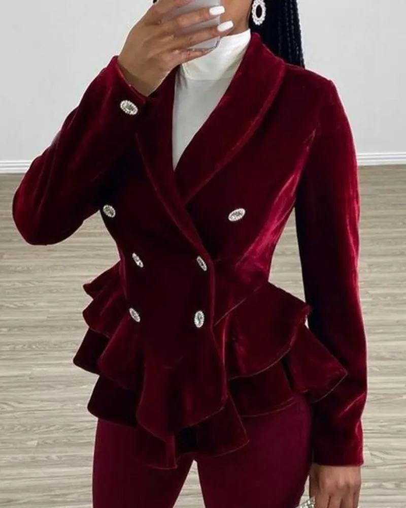 OL двубортный бархатный блейзер с рюшами рабочая одежда для женщин длинным