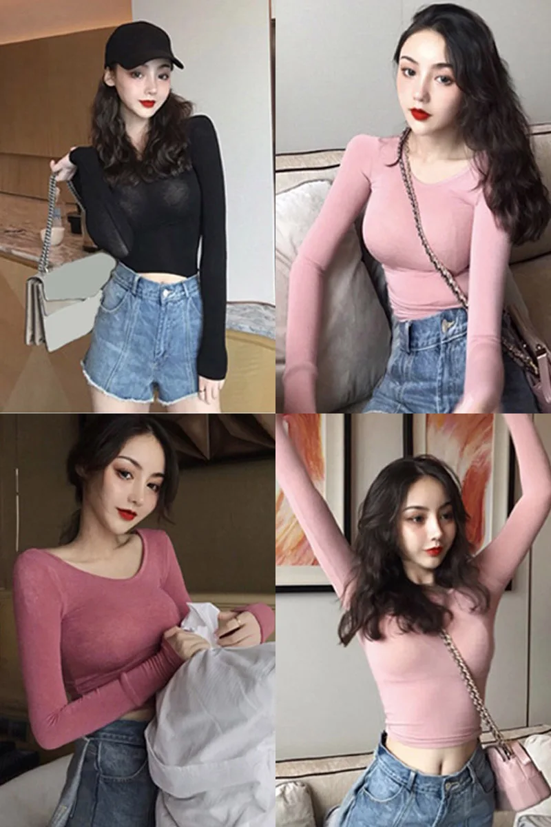 

Spring And Autumn Korean Version Of The Slim Thin Thin Sexy Womens Sweater Bottoming Round Neck Long-sleeved Pullover A2104
