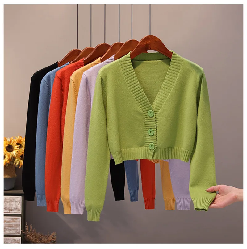 

Vintage Long Sleeve Cropped Cardigan Korean Button Knitted Sweater 2021 Autumn Casual Solid V Neck Slim Outwear Tops