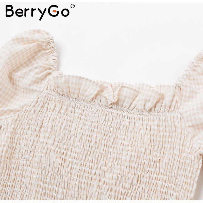 BerryGo, Трикотажное вечернее платье с открытыми плечами, элегантное клетчатое женское платье с пышными рукавами, сексуальная уличная одежда для девушек, Осень-зима, vestidos