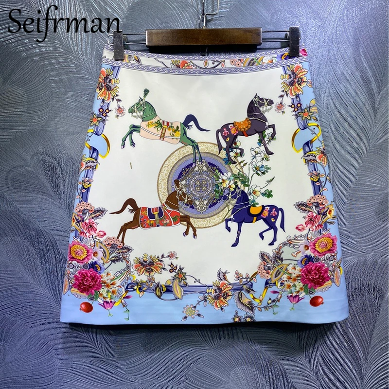 

Seifrmann Women Summer Fashion DesignerSkirt Set Ruffles Long Sleeve Loose Blouses + High Waist Print Skirts 2 TwoPiecesSuits