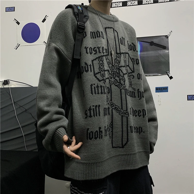 

Womens Autumn Vintage Sweater Harajuku Prrint Knitted Pullover Sweaters Men Casual Losse Thicken Streetwear Jumper Femme