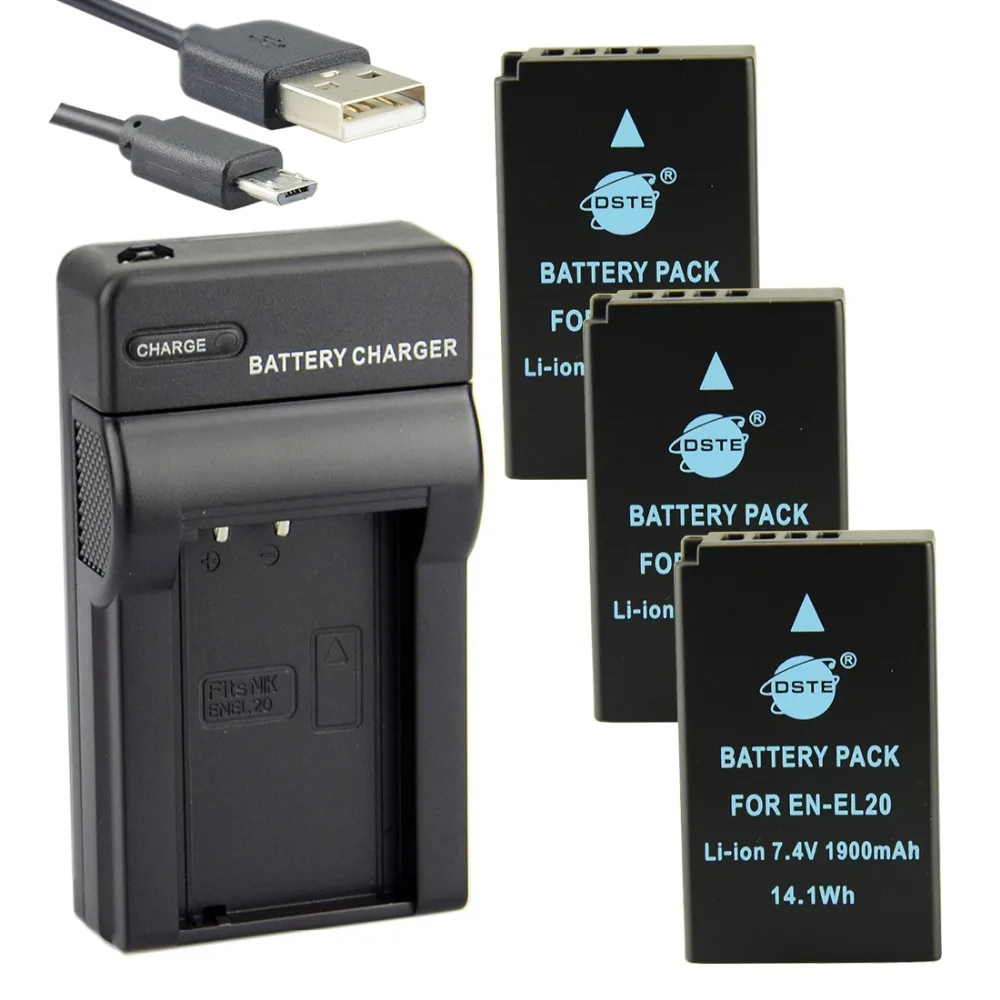 3 шт. 1900 мАч 7 4 В EN EL20 батарея ENEL20 DSTE 1 * зарядное устройство для Nikon J1 J2 J3 S1 AW1 1V3 Blackmagic