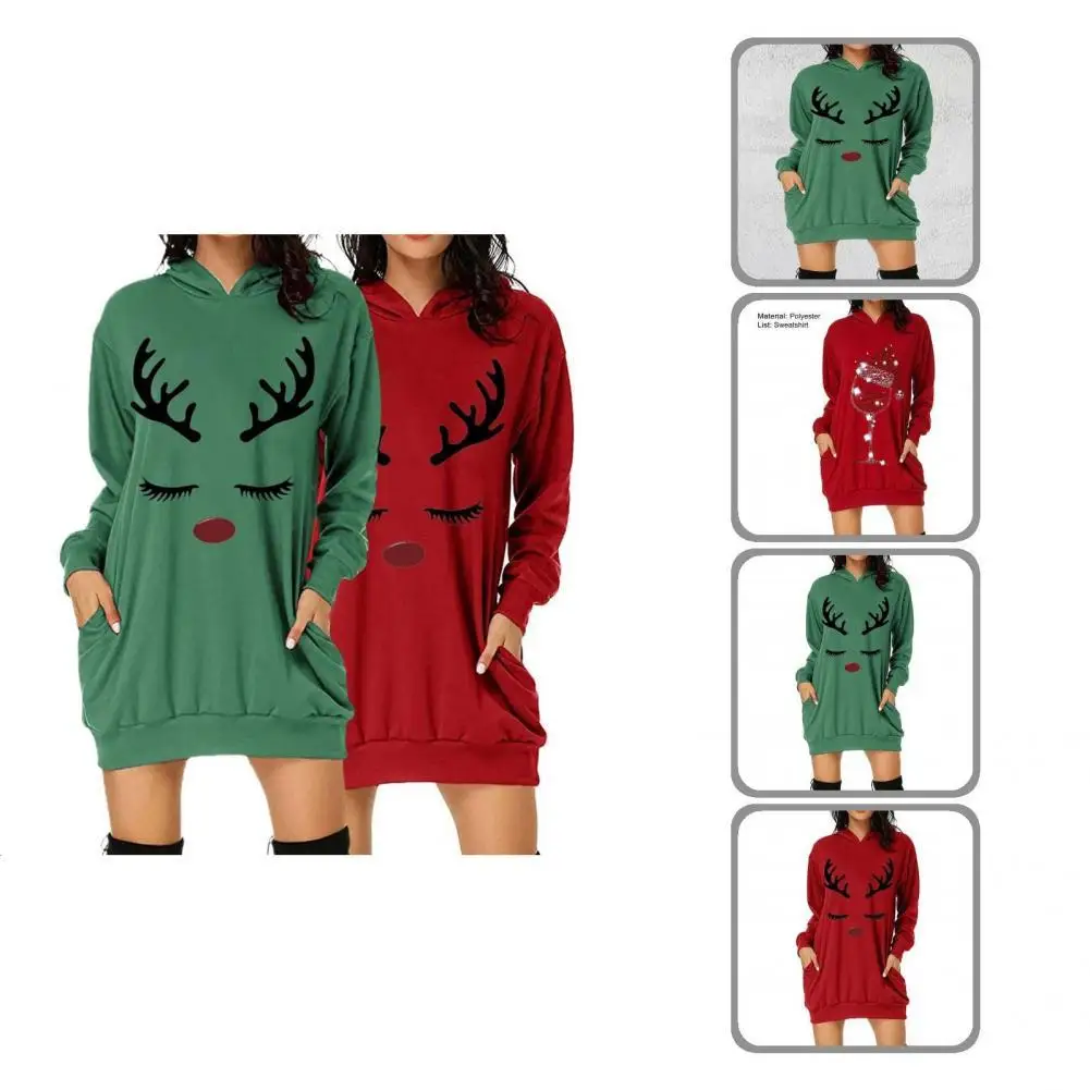 

Above Knee Coldproof Merry Christmas Letter Elk Print Xmas Hoodie for Outdoor