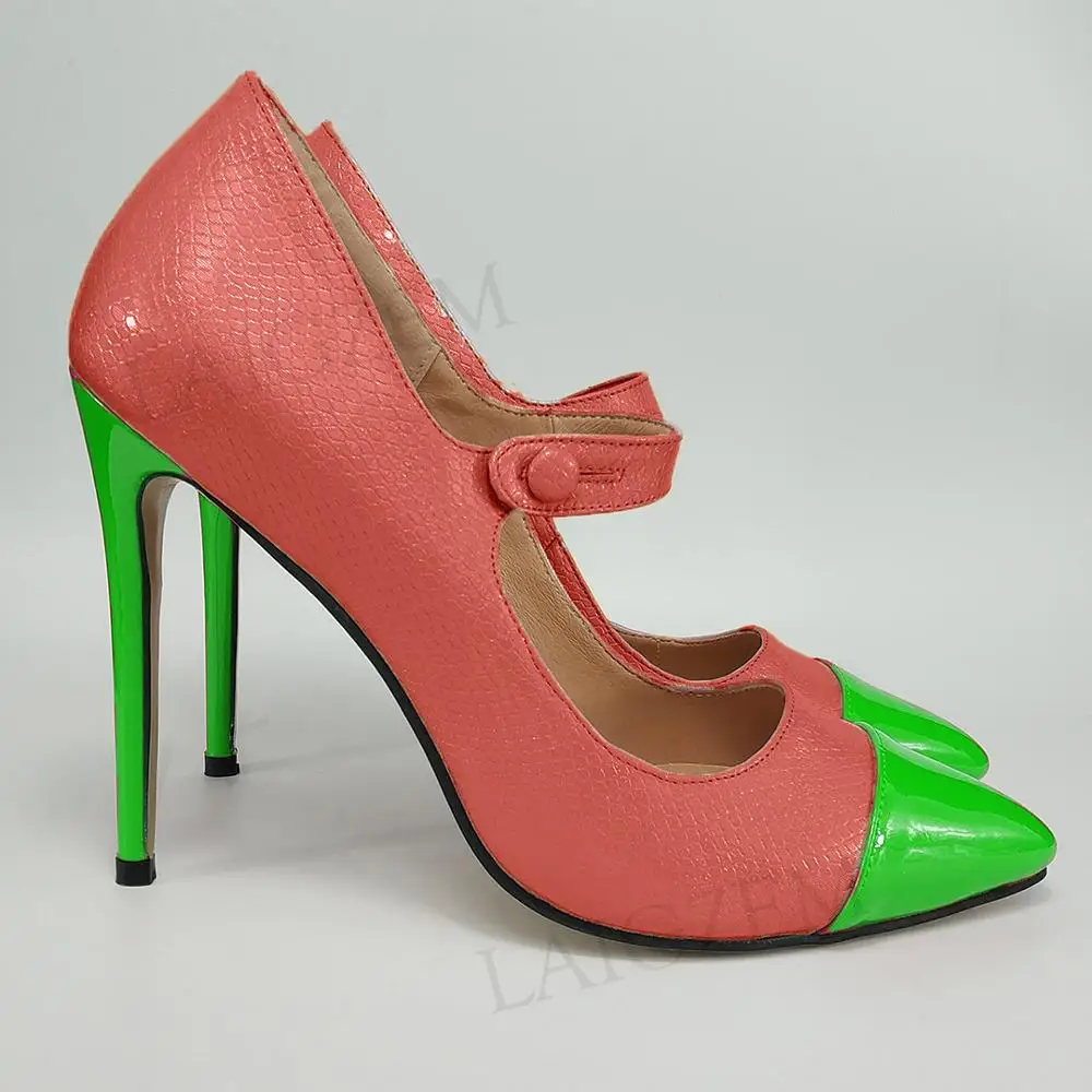 Red-Green LAIGZEM/элегантные женские туфли-лодочки на шпильке в стиле пэчворк; Туфли Mary Jane на каблуке с острым носком; Salto; женские вечерние туфли-лодочки; большие размеры 45-47 - Цвет: Red-Green