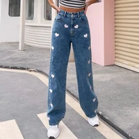women casual straight denim jeans adults loose love pattern printed high waisted trousers