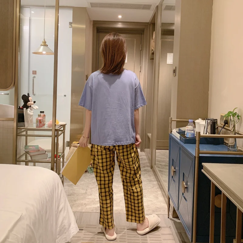Disney Cartoon Winnie the Pooh Kawaii Pajama Sets Ladies Summer Short Sleeve Tshirt Plaid Pants Sleepwear Women Pizama Damska