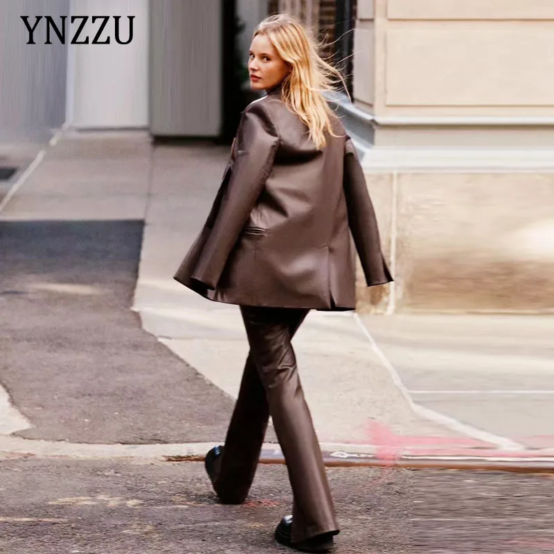 

Office lady PU Suit Blazer Brown Women Fall Winter Elegant Loose Faux leather Jacket Flare Full length pant Two Piece set 1O302