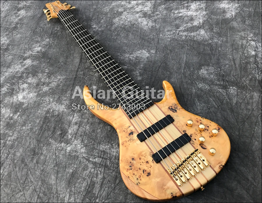 Вымершие 7 струн электрический бас, 11 шт. через шею, твердые Spalted кленовый заусенец, гриф из черного дерева, активные звукосниматели, реальные фото показывает