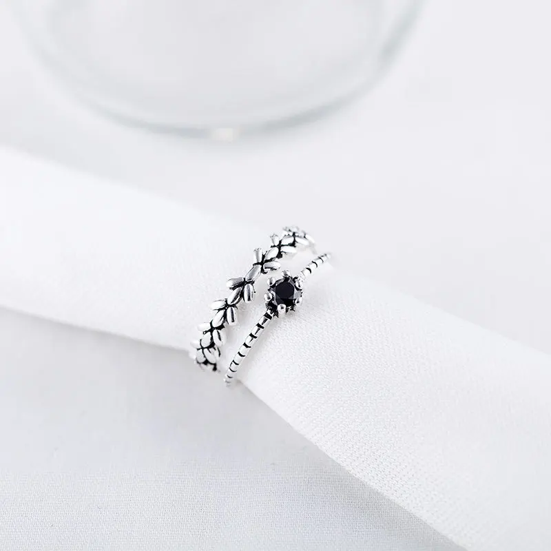

DIEERLAN Personality 925 Sterling Silver Black Leaf Rings For Women Engagement Jewelry Girls Christmas Gifts Open Finger Rings