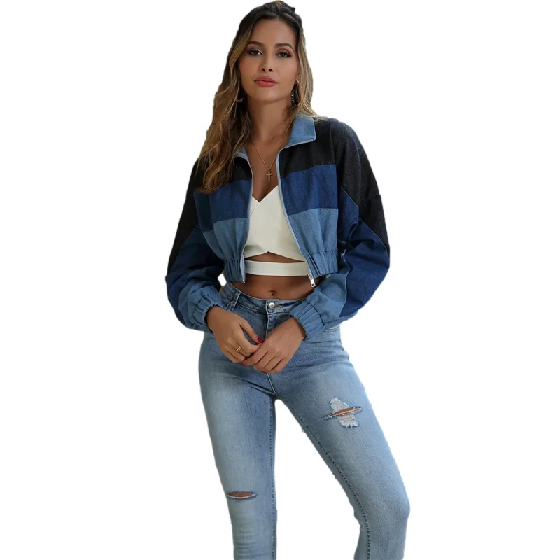 

Women's Coat Autumn Short Denim Jacket Blue Fashion Street Personality Long Sleeve Zipper Color Matching Toppies Women Outerwear